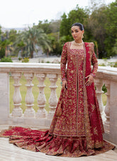 Timeless Bridal Kalidaar – Crimson Front-Open Shirt & Farshi Lehnga