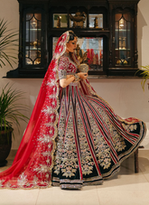 Velvet Elegance – Red & Green Lehnga with Raw Silk Choli