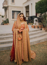18 Golden Red Bridal Dress with Heavy Embroidery and Traditional Dupatta