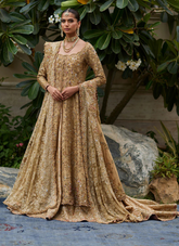Golden Bridal Masterpiece – Zardozi Kalidaar with Pastel Accents & Sweeping Train