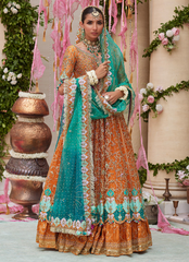 16 Rust Orange Kalidaar Bridal Ensemble with Aqua Blue Dupatta