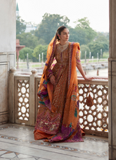 16 Rust Bridal Kalidaar with Orange Dupatta and Multicolor Embellishments