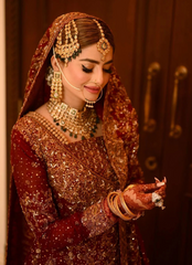 Deep Red Bridal Kalidaar with Golden Hand Embellishments & Dupatta