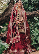 16 Deep Maroon Bridal Lehenga with Golden Hand Embroidery