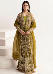 16 Olive Green Embroidered Long Dress with Sheer Dupatta