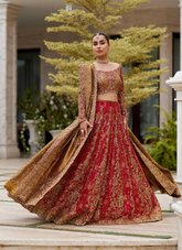 Romantic Scarlet Bridal – Paisley Appliqué Choli & Jamawar Lehnga