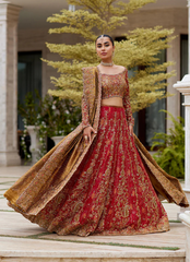 Romantic Scarlet Bridal – Paisley Appliqué Choli & Jamawar Lehnga