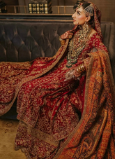 18 Deep Red Bridal Dress with Heavy Embellishments and Traditional Shawl