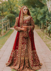 Deep Red Bridal Ensemble with Heavy Hand Embellishments & Dupatta