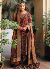 Deep Maroon Bridal Ensemble with Heavy Golden Embellishments & Dupatta