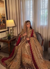 Golden Bridal Lehnga Choli with Maroon Contrast Dupatta & Heavy Embellishments