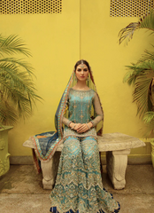 16 Teal Blue Embroidered Gharara Set with Contrasting Navy Dupatta