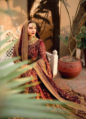 Deep Maroon Bridal Ensemble with Heavy Golden Embellishments & Dupatta