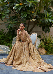 Golden Bridal Masterpiece – Zardozi Kalidaar with Pastel Accents & Sweeping Train