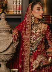 18 Deep Red Bridal Dress with Heavy Embellishments and Traditional Shawl