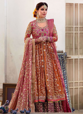 16 Rust Orange & Magenta Heavily Embroidered Kalidaar Bridal Ensemble