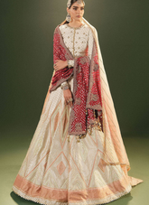 16 Ivory Bridal Lehenga with Geometric Patterns and Traditional Red Dupatta