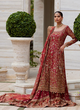 Majestic Crimson Bridal – Cotton Net Shirt with Handworked Jaal & Gharara