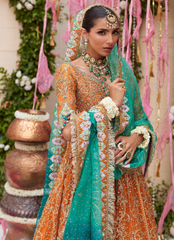 16 Rust Orange Kalidaar Bridal Ensemble with Aqua Blue Dupatta