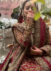 Deep Red Bridal Lehnga Choli with Gold Embellishments & Farshi Dupatta