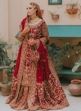 Deep Red Bridal Ensemble with Heavy Hand Embellishments & Dupatta