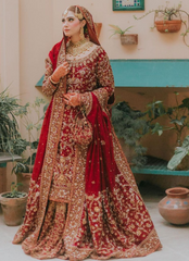 Deep Red Bridal Ensemble with Heavy Hand Embellishments & Dupatta