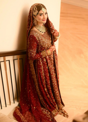 Deep Red Bridal Kalidaar with Golden Hand Embellishments & Dupatta