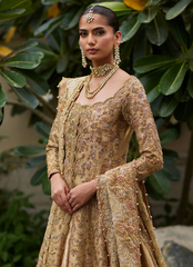 Golden Bridal Masterpiece – Zardozi Kalidaar with Pastel Accents & Sweeping Train