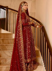 Deep Red Bridal Kalidaar with Golden Hand Embellishments & Dupatta