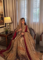 Golden Bridal Lehnga Choli with Maroon Contrast Dupatta & Heavy Embellishments