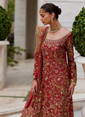 Majestic Crimson Bridal – Cotton Net Shirt with Handworked Jaal & Gharara
