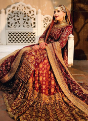 Deep Maroon Bridal Ensemble with Heavy Golden Embellishments & Dupatta