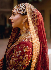 Deep Maroon Bridal Ensemble with Heavy Golden Embellishments & Dupatta