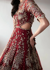Deep Red Bridal Kalidaar with Heavy Hand Embellishments