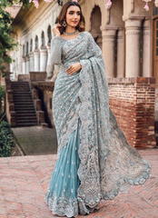 18 Ice Blue Heavily Embroidered Bridal Saree