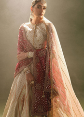 16 Ivory Bridal Lehenga with Geometric Patterns and Traditional Red Dupatta