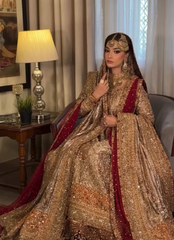 Golden Bridal Lehnga Choli with Maroon Contrast Dupatta & Heavy Embellishments