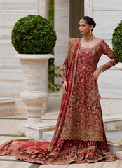Majestic Crimson Bridal – Cotton Net Shirt with Handworked Jaal & Gharara