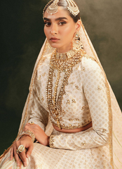 16 Ivory Bridal Lehenga with Geometric Patterns and Traditional Red Dupatta