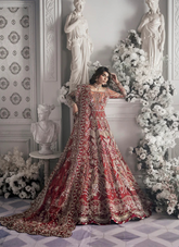 19 Red Bridal Gown with Heavy Golden Embroidery and Sheer Sleeves