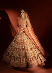 19 Rust Orange Bridal Pishwas with Jamawar Lehenga