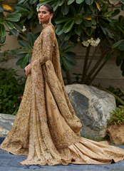 Golden Bridal Masterpiece – Zardozi Kalidaar with Pastel Accents & Sweeping Train