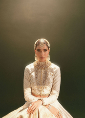 16 Ivory Bridal Lehenga with Geometric Patterns and Traditional Red Dupatta