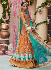 16 Rust Orange Kalidaar Bridal Ensemble with Aqua Blue Dupatta