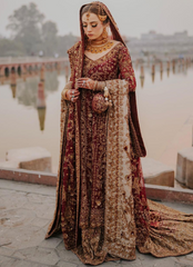 Deep Maroon Bridal Ensemble with Antique Gold Embellishments & Dupatta