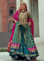 Emerald Green & Magenta Bridal Ensemble with Heavy Zardozi Embellishments