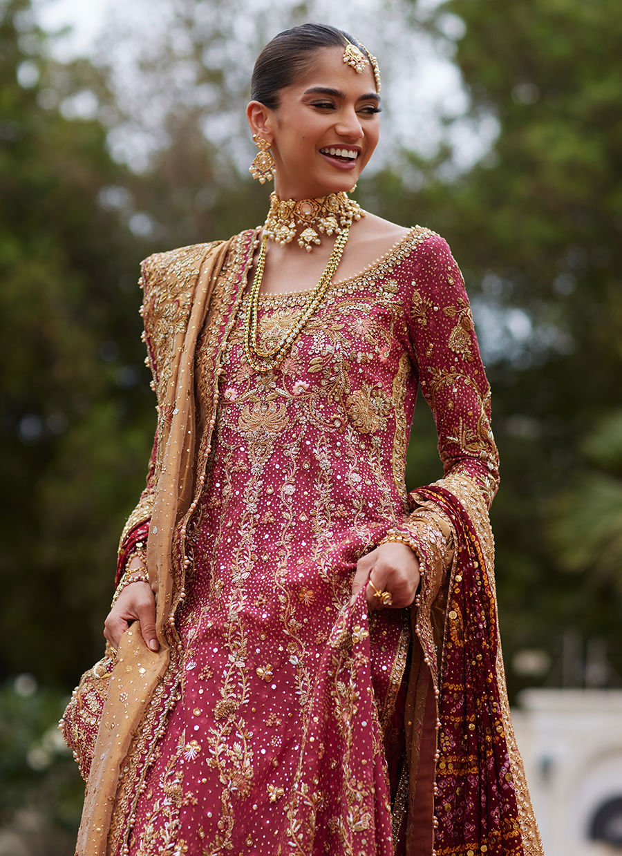 Crimson Kalidaar – Handcrafted Elegance with Kora & Dabka Embellishments