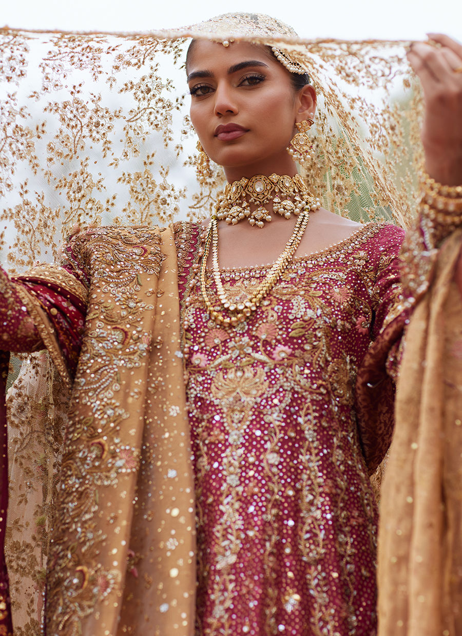 Crimson Kalidaar – Handcrafted Elegance with Kora & Dabka Embellishments