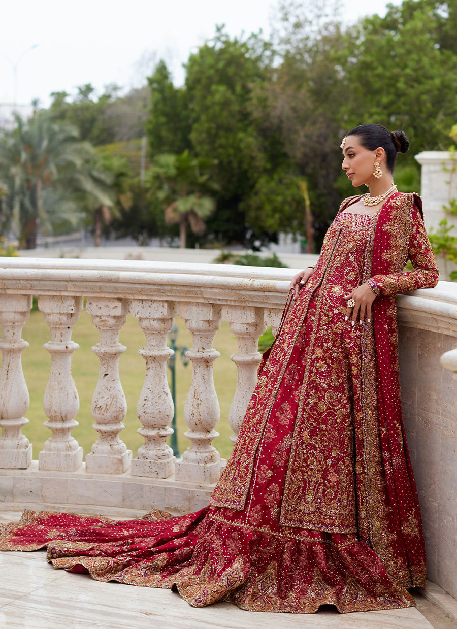 Timeless Bridal Kalidaar – Crimson Front-Open Shirt & Farshi Lehnga