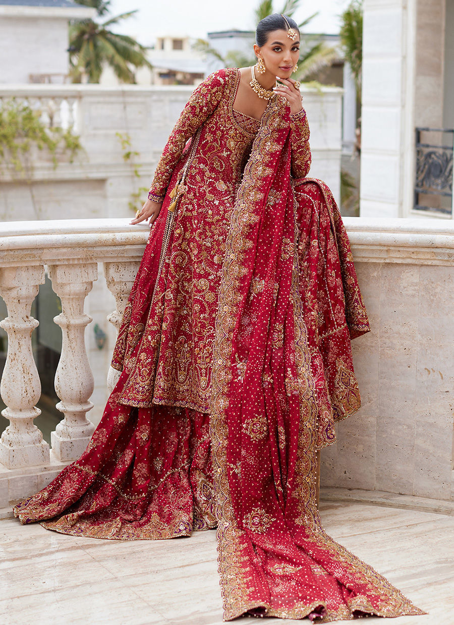 Timeless Bridal Kalidaar – Crimson Front-Open Shirt & Farshi Lehnga